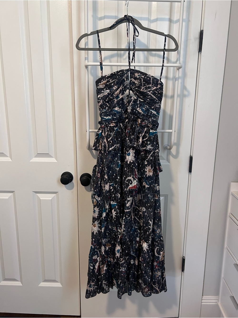 Ulla Johnson Black Floral Tiered Maxi Dress with Teal & Cream Accents